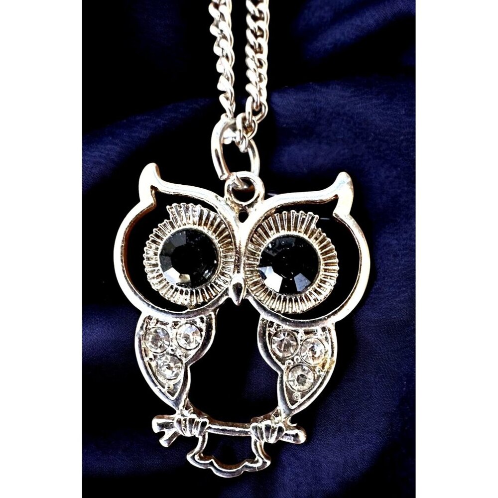 Vintage Owl Necklace Pendant 18 in Chain Extender Black Crystal Eyes Accents EUC